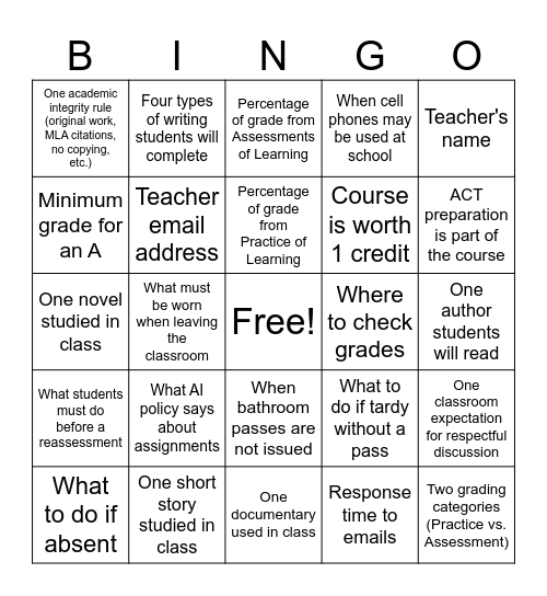 Junior Syllabus* Bingo Card