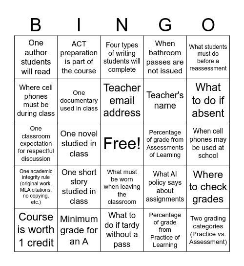 Junior Syllabus^ Bingo Card