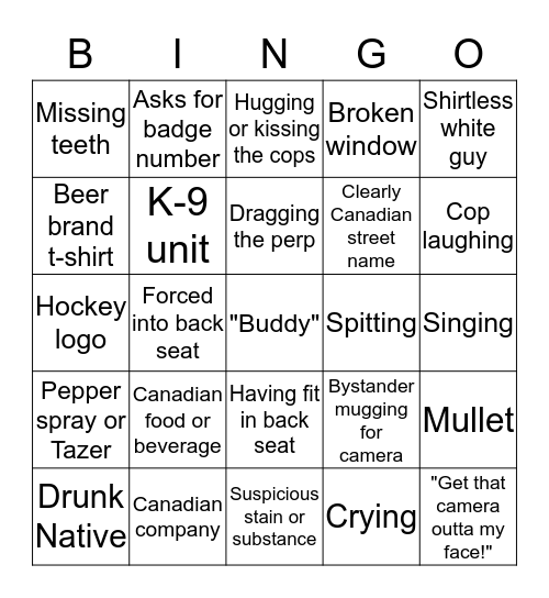 Under Arrest Bingo Card