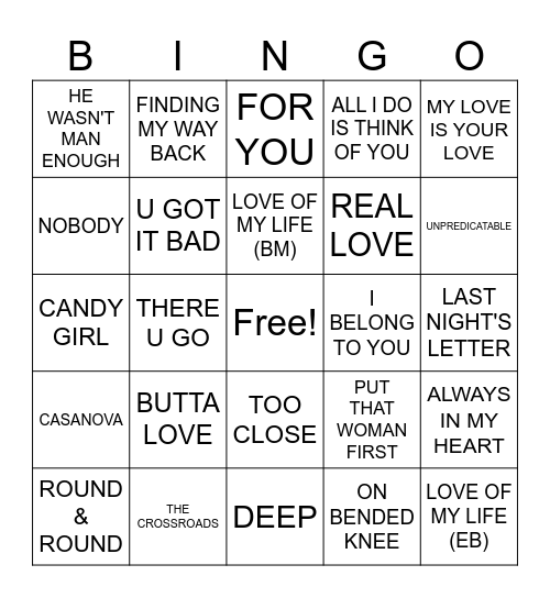 R&B MUSIC BINGO - BLACKOUT Bingo Card