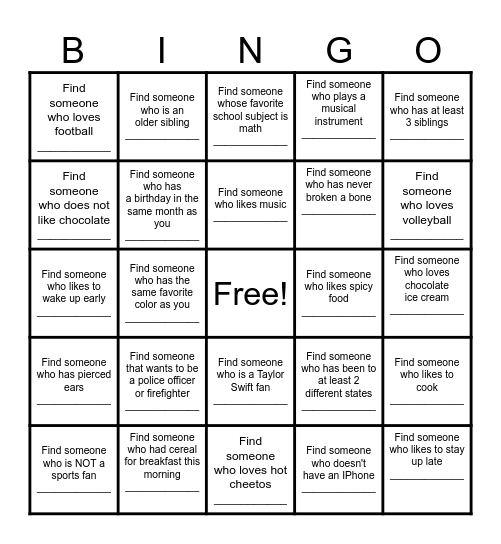 Find a Friend Bingo Card