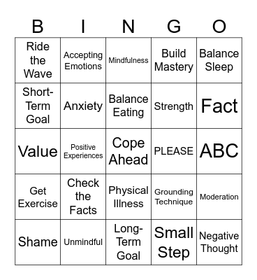 DBT Emotion Regulation Bingo Card