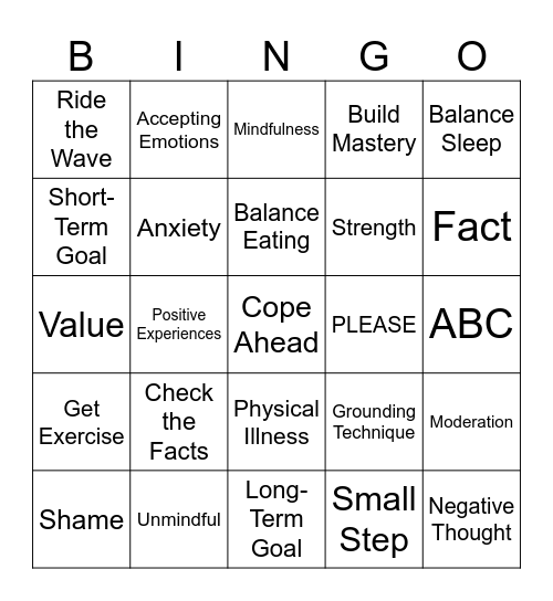 DBT Emotion Regulation Bingo Card