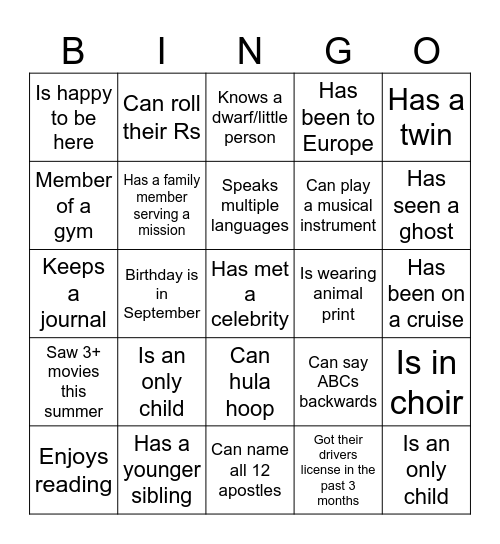 Get to Know You Bingo Card