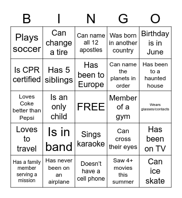 Get to Know You Bingo Card