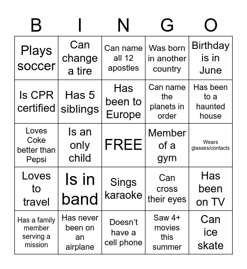 Get to Know You Bingo Card