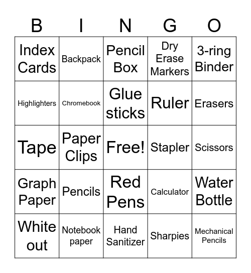 School Supplies BINGO Card