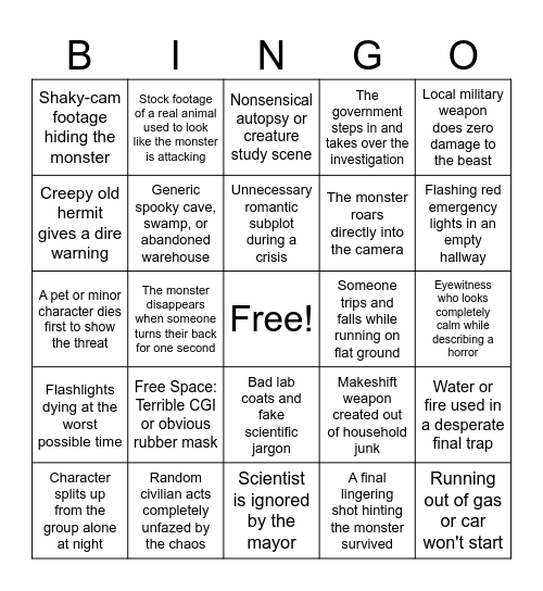 Creature Feature Bingo Card