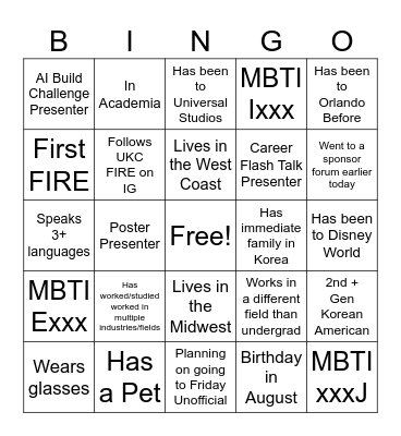 FIRE Icebreaker Bingo Card