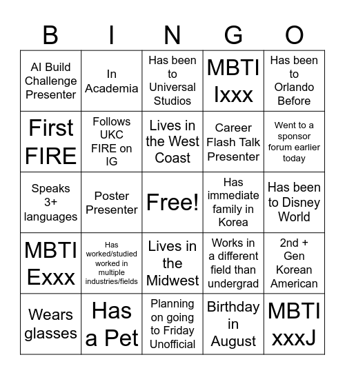 FIRE Icebreaker Bingo Card