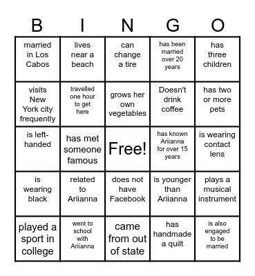Bridal Shower Who's Who Bingo Card