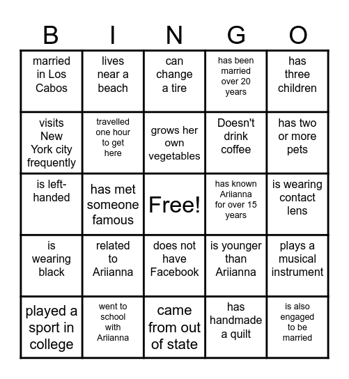 Bridal Shower Who's Who Bingo Card