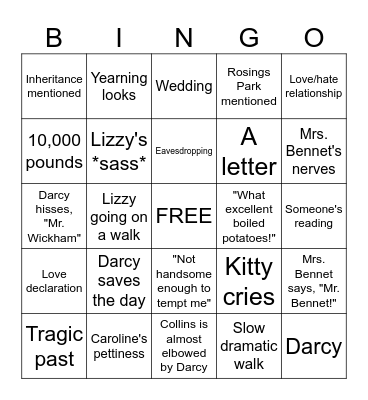Pride and Prejudice Bingo Card
