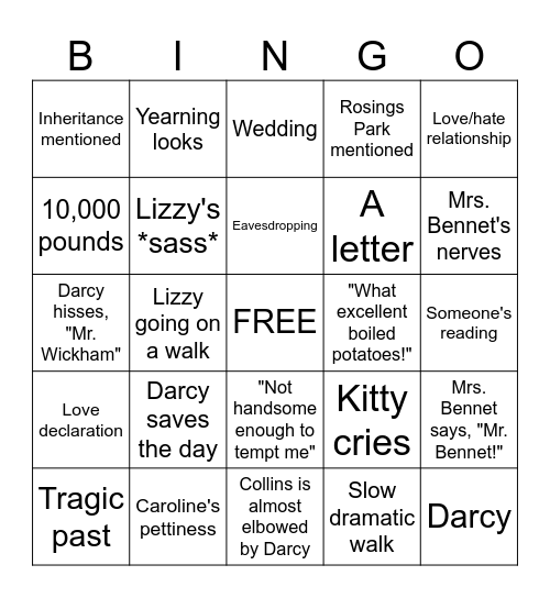 Pride and Prejudice Bingo Card