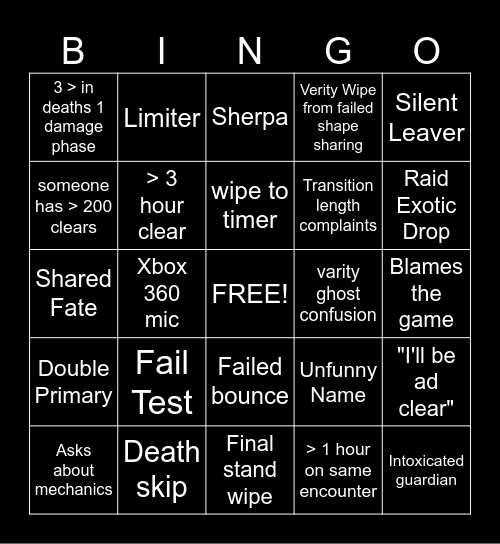 Salvation's Edge Bingo Card