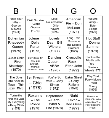 Round 1 - 70s Disco & Classics Bingo Card