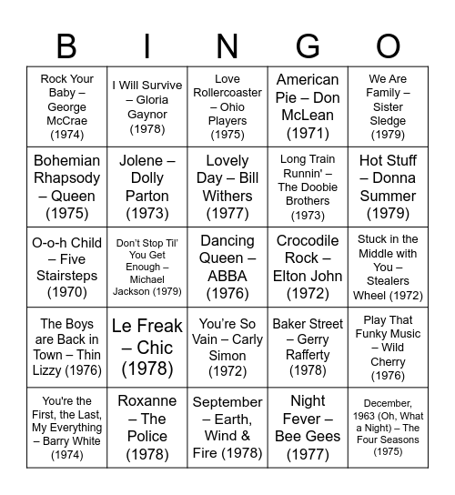 Round 1 - 70s Disco & Classics Bingo Card