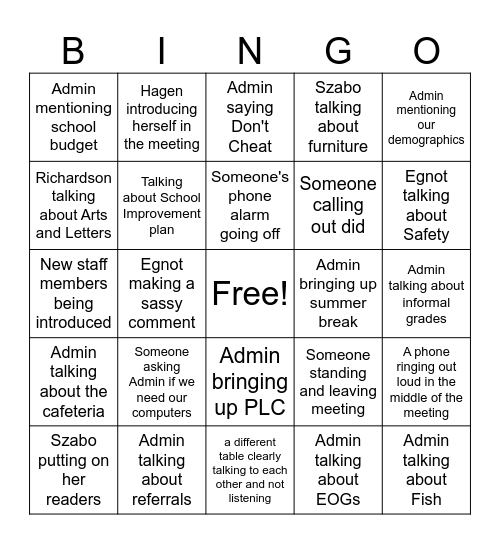 Welcome Back Teachers Bingo Card