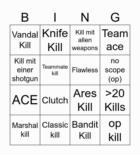 Valorant Kill Bingo Card