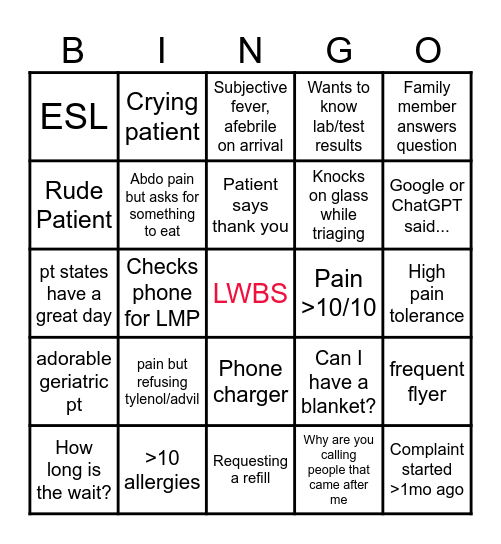 TRIAGE BINGO Card