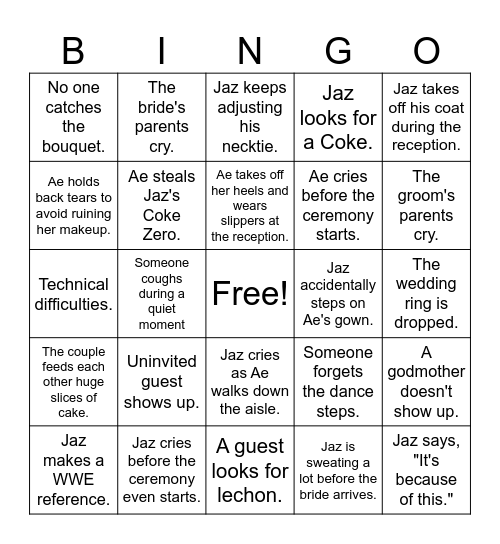 Jaz & Ae's Wedding Bingo Card