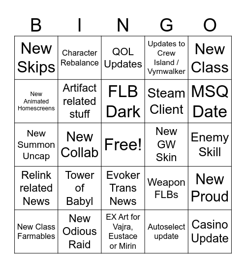 GBF Summer 2026 Bingo Card