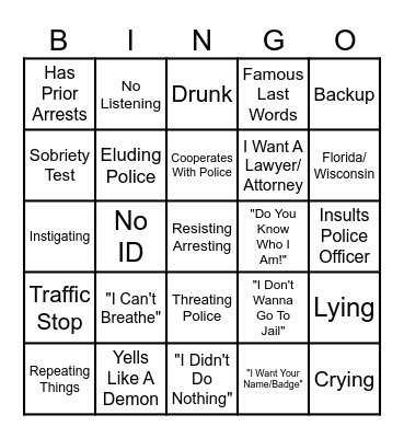 Body Cam Bingo Card