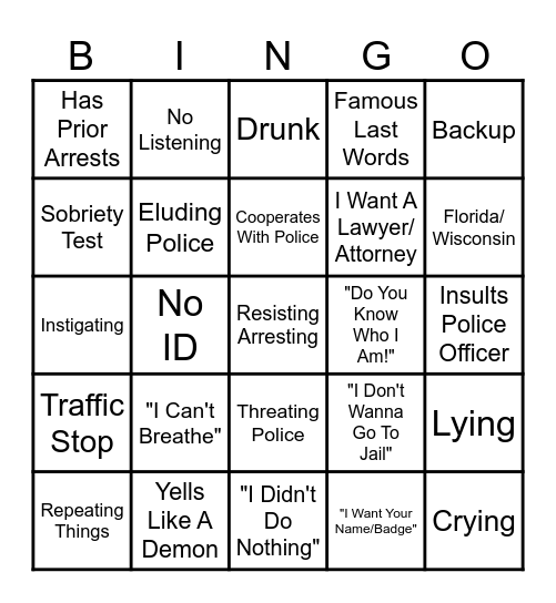 Body Cam Bingo Card