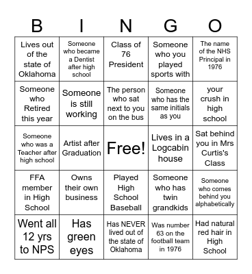 50th Class Reunion Bingo Card