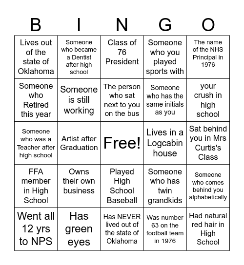 50th Class Reunion Bingo Card