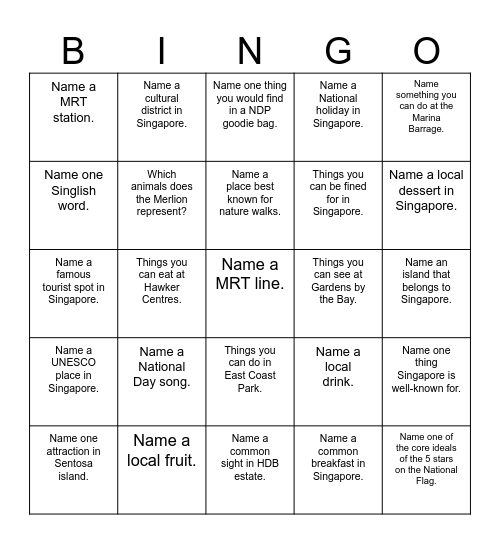 Singapore BINGO Card