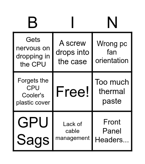 Tof's PC Building Experience Bingo Card