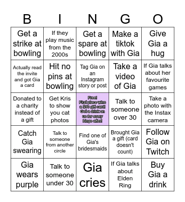 Gia's 30th Birthday Bingo Card