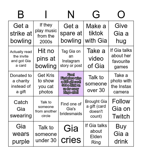 Gia's 30th Birthday Bingo Card