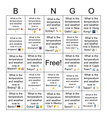 B17 L14 What is the temperature and weather now in Seoul? 🌤️🌡️ Bingo Card
