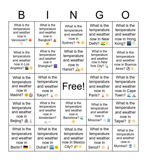 B17 L14 What is the temperature and weather now in Seoul? 🌤️🌡️ Bingo Card