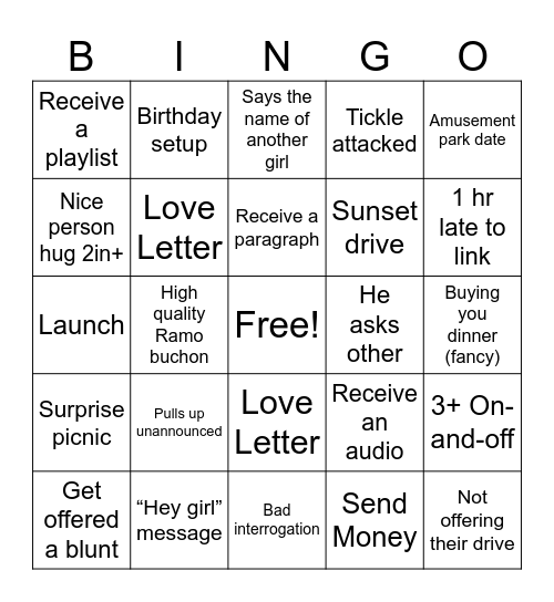 Romantic Experience Bingo Card