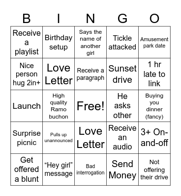 Romantic Experience Bingo Card