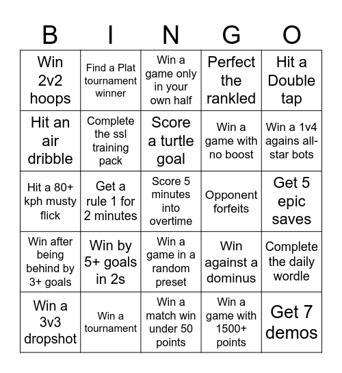 Rocket League Bingo Card