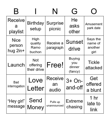 Romantic Experience Bingo Card