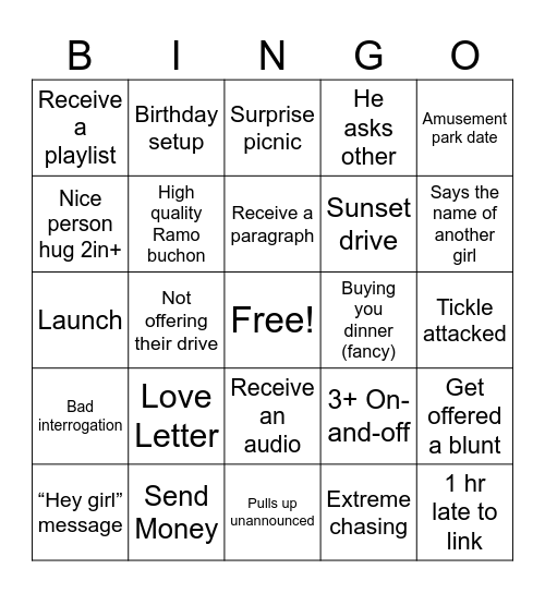 Romantic Experience Bingo Card