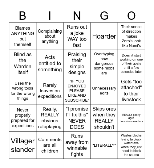 Old Minecraft Let's Play Bingo Card
