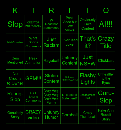 YT Feed Bingo Card