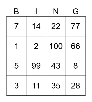 Number Bingo Card