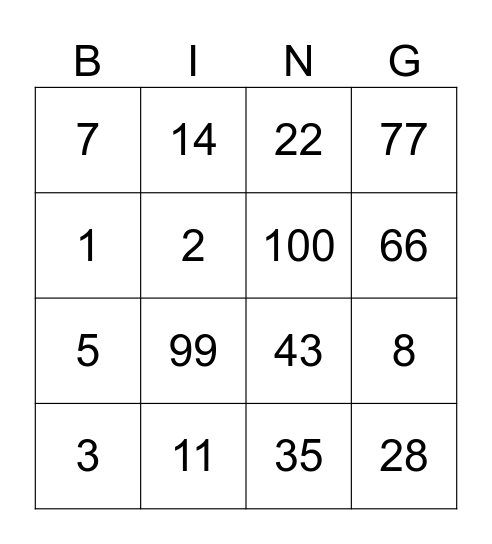 Number Bingo Card