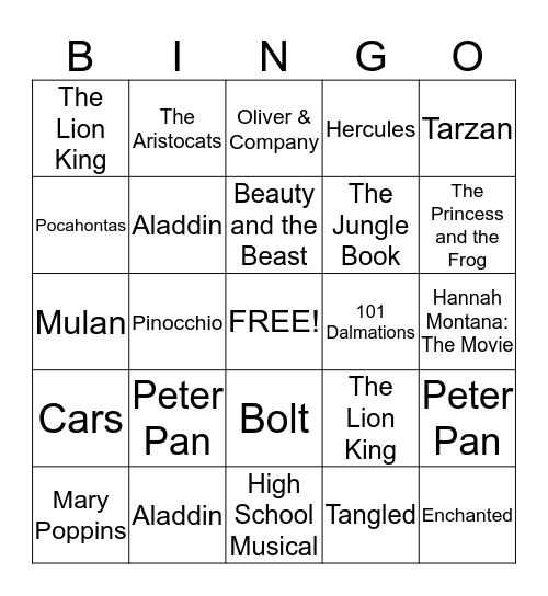 Disney Songs Bingo Card