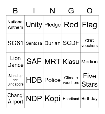 Singapore National Day Bingo Card
