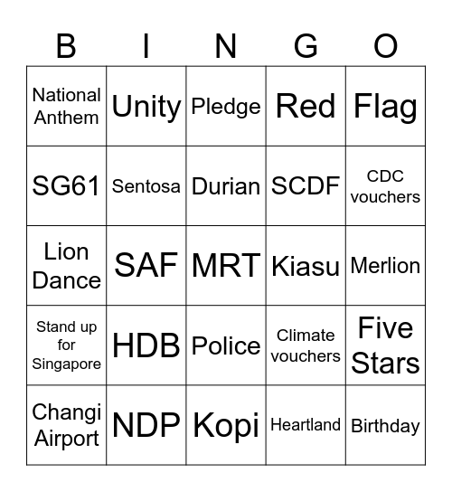 Singapore National Day Bingo Card