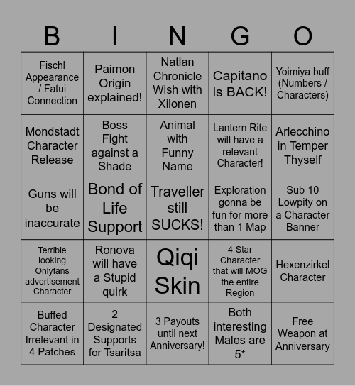 Snezhnaya Bingo Card