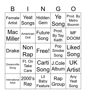RAP SONGS>>>>>> Bingo Card